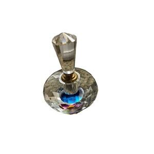 Art deco crystal perfume bottle vintage 6” tall - 4” wide - twist top gold